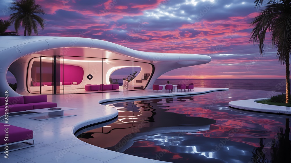 Fototapeta premium Luxurious futuristic villa with a flowing design overlooks a vibrant ocean sunset blending architecture and nature seamlessly