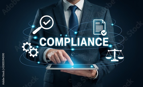 Compliance concept a businessman interacting with a digital tablet surrounded by relevant icons and data networks