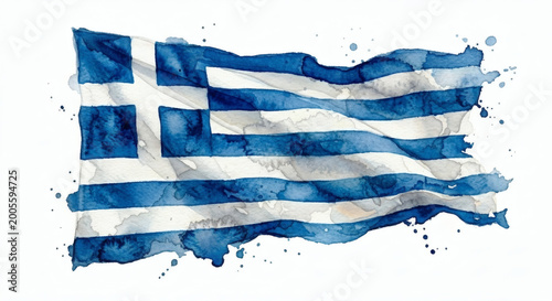 Greece flag waving in wind, watercolor national symbol isolated