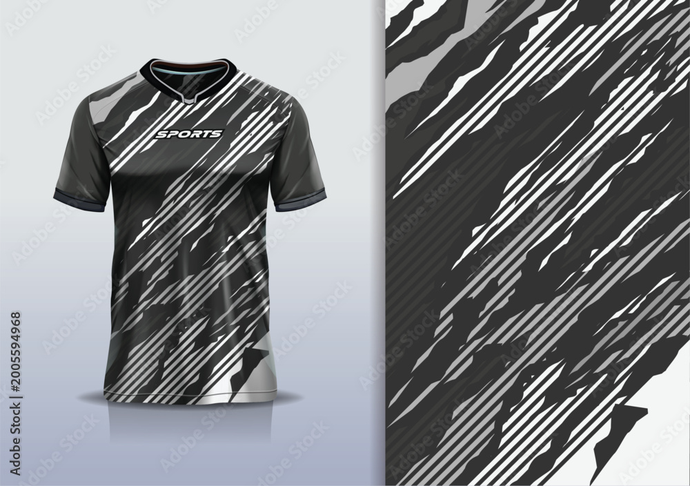 Fototapeta premium T-shirt mockup abstract stripe line grunge jersey design for football, soccer, racing, esports, running, in black white gray color
