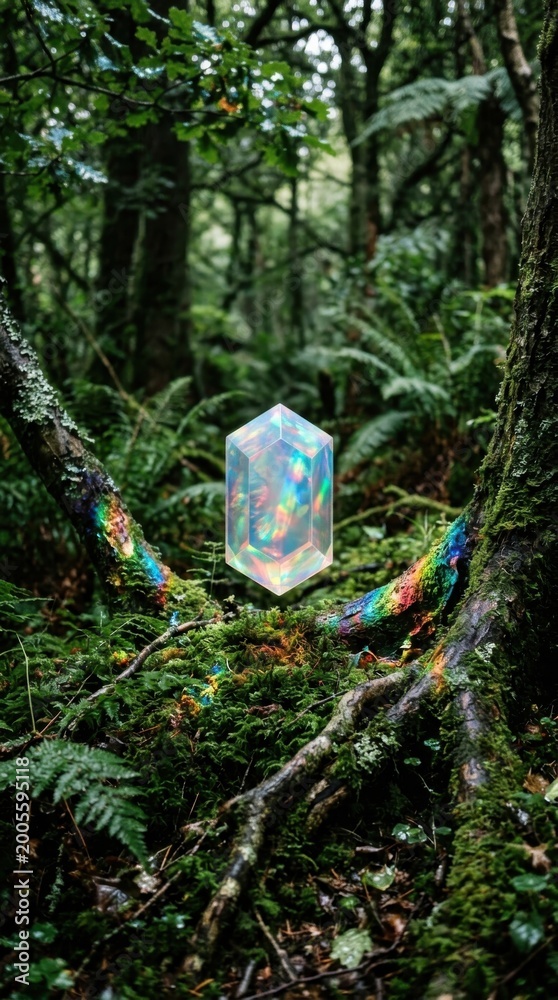 Naklejka premium Crystal, colorful crystal, gemstone, forest, mystical, nature, illustration