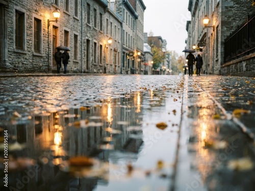 Capturing the essence of an old town, a rainy day reflects in the wet street, people with umbrella walks, classic street, and warm lights.