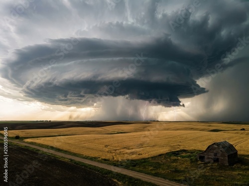 A mesmerizing and imposing supercell thunderstorm dominates a vast rural landscape, its towering clouds and dramatic presence conveying raw natural power. 