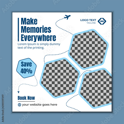 Clean travel agency social media template with discount offer for tourism promotion and vacation deals