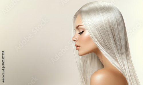 Profile view of a model showcasing long, straight platinum hair against a soft background