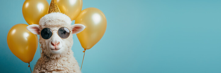 Funny adorable lamb with sunglasses and balloons birthday banner on blue pastel background with copy space. Party for kids invitation concept.