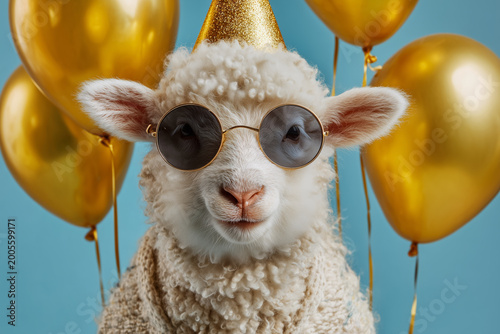 Funny adorable lamb with sunglasses and balloons birthday banner on blue pastel background with copy space. Party for kids invitation concept.