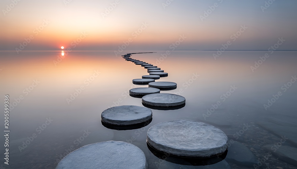 Obraz premium Serene stone pathway to the horizon a peaceful sunrise over calm waters