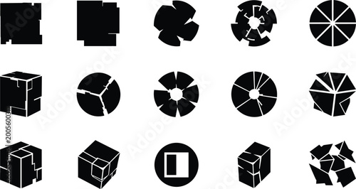 Fotografia Abstract Geometric Shape and Puzzle Piece Icon Set with Cube, Circle, and Broken