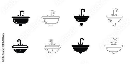 Wash basin or washstand with tap icon Set, Wash basin or washstand with tap Silhouette Vector