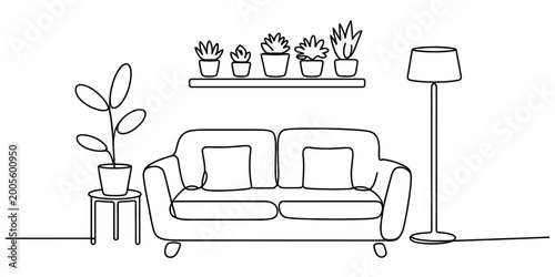 Fotografie Continuous line drawing of a modern living room interior with a sofa, house plan