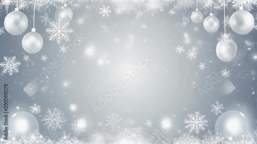 Elegant Winter Holiday Background with Falling Snowflakes and Ornaments.