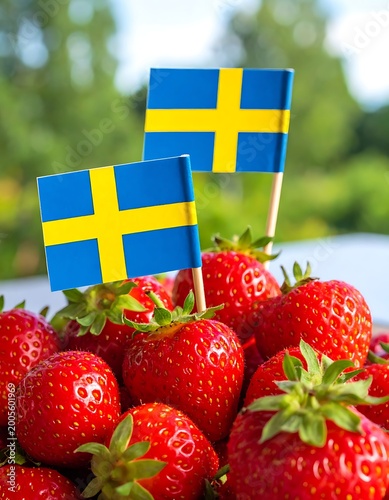 Fresh strawberries with Swedish flags