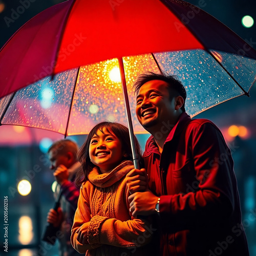 A happy family concept, protected by an umbrella. They are smiling and life is beautiful despite the rain and troubles 