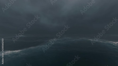 Dark Stormy Ocean Waves Crashing Under Moody Sky.