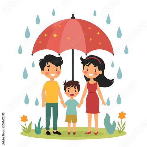 A happy family concept, protected by an umbrella. They are smiling and life is beautiful despite the rain and troubles 