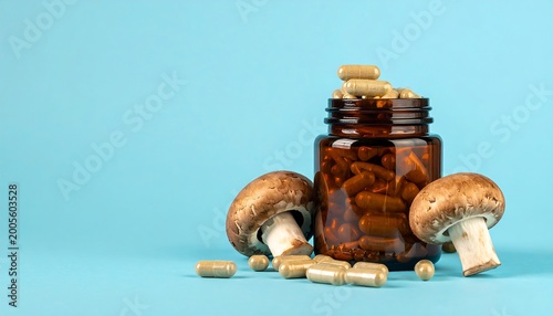 Brown bottle of mushroom capsules with fresh mushrooms