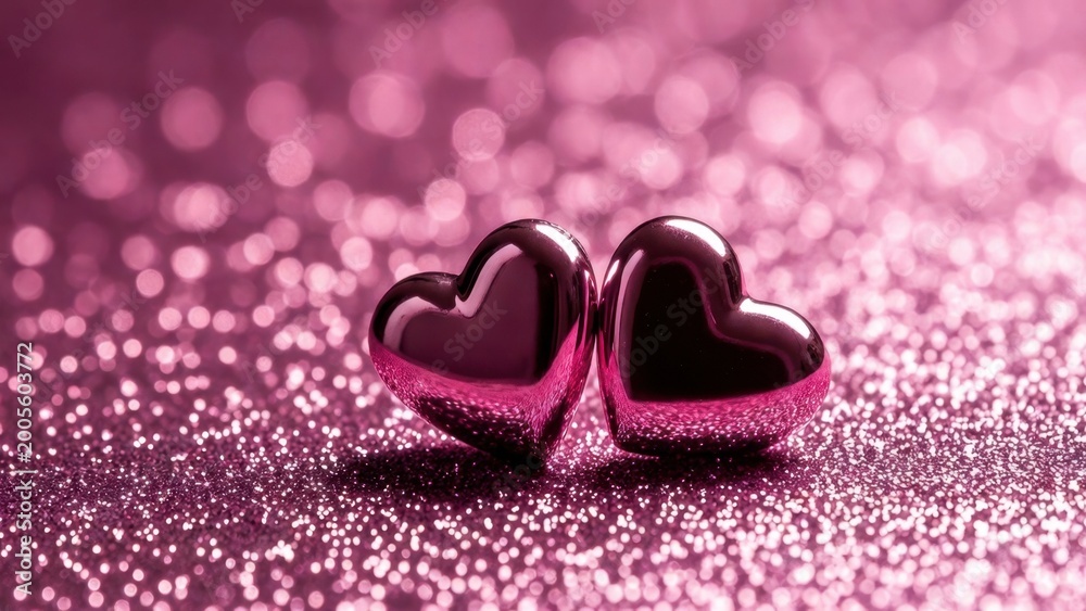 Obraz premium Two metallic pink heart figures touching on glitter surface