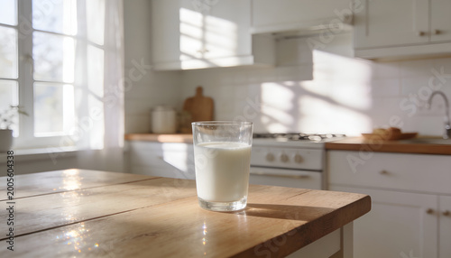 A glass of milk is on the table, with a bright kitchen in the background. 