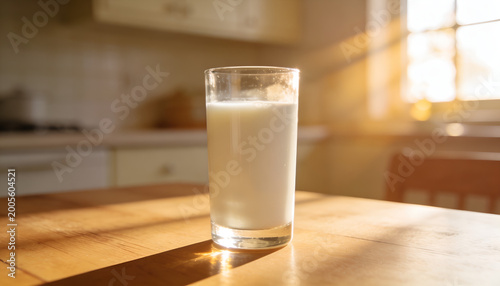 A glass of milk is on the table, with a bright kitchen in the background. Healthy lifestyle