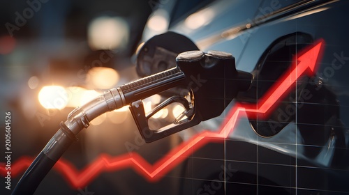 Gas pump nozzle inserted into car tank with rising price graph overlay