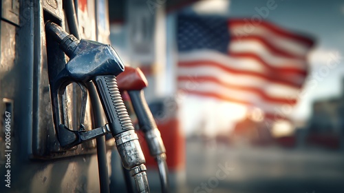 Gas pump nozzles in focus with blurred American flag and sun flare
