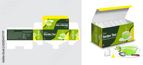 Foto Green Tea Packaging Box Mockup Set with soft copy and Packaging design with Herb