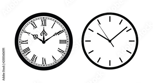 Картината върху платно Two wall clocks with roman numerals and simple hands silhouette