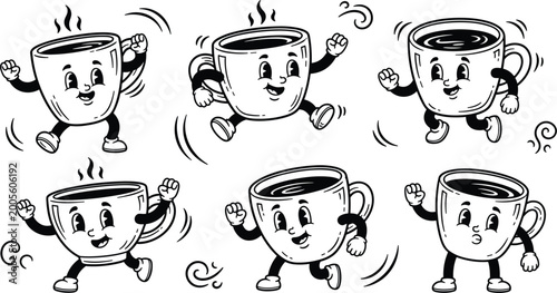 Cute cartoon coffee cup character set with funny expressions, running poses and hot beverage mascots for cafe branding, stickers and playful design projects
