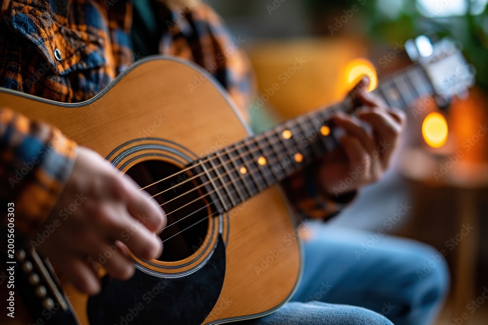 Fototapeta premium Beginner practicing acoustic guitar in bright room with fresh plants