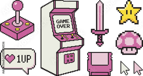 Collection of pixel art elements depicting classic video game icons and items with a pink theme