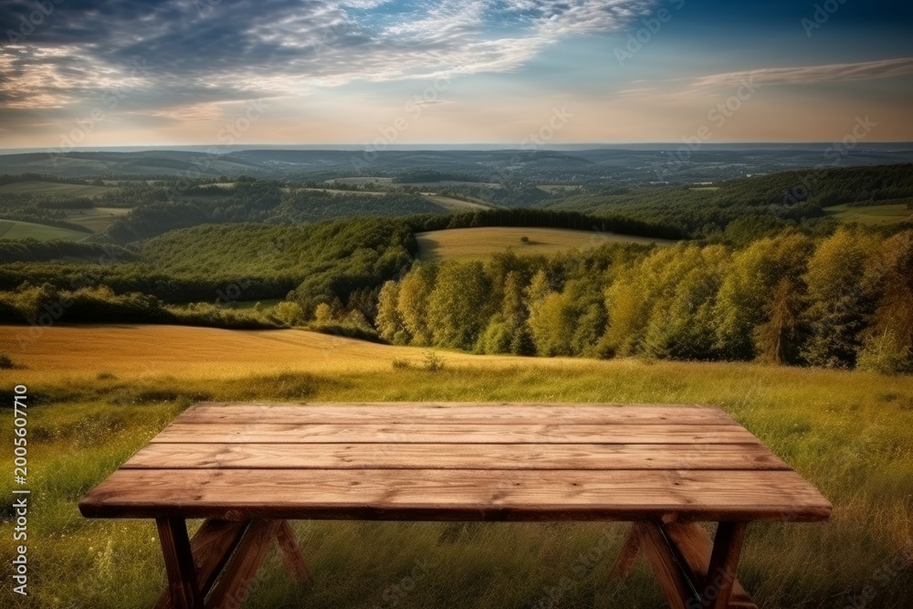 Fototapeta premium Wooden table with beautiful nature landscape of green fields