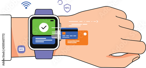 Smartwatch contactless payment with NFC technology flat vector illustration for digital wallet and fintech concept