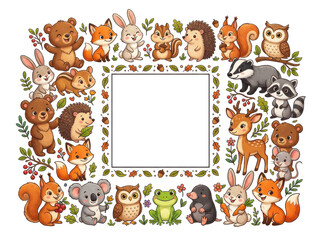 Whimsical forest animals frame with colorful foliage and blank space for photos