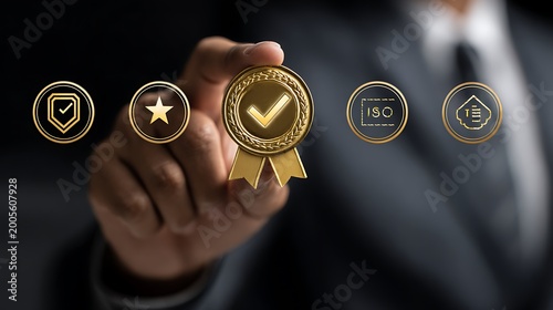 A suited person holds a gold quality assurance badge, with other symbols in view