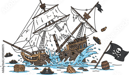 Vászonkép Pirate Ship Battle Vector Illustration with Crashing Vessels, Treasure Chests, F