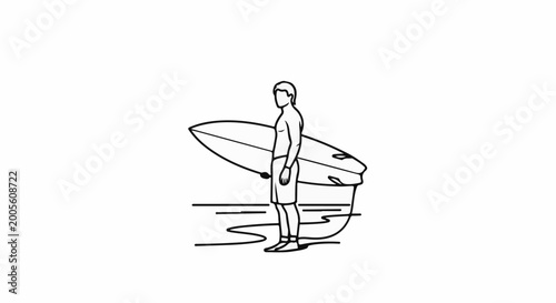 Stylized line art of a surfer with a board standing by the water