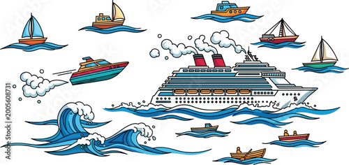 Fotografía Pirate Ship Battle Vector Illustration with Crashing Vessels, Treasure Chests, F