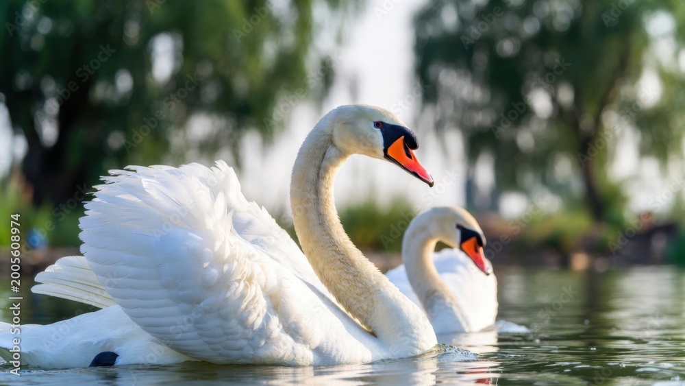 Fototapeta premium Pair of swans floating calmly on reflective pond surface
