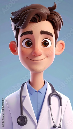 Cheerful cartoon doctor with stethoscope and white coat