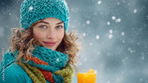 Smiling Woman in Colorful Knitwear Holding Fresh Orange Juice in Snow