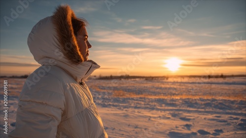 Woman in Warm Winter Coat Watching Sunset Over Snow Covered Landscape