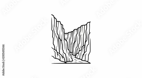 Stylized drawing of a deep canyon with a winding river at the bottom