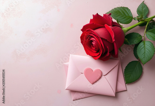 Elegant romantic composition with red rose and pink envelope sealed with heart on soft pastel background. Perfect for Valentine’s Day, love message, wedding invitation and romantic greeting themes.