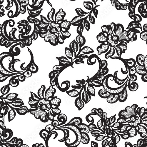 Black lace seamless pattern with hand drawn floral motifs and ornamental swirls on white background, perfect for vintage inspired fabrics, wallpapers, bridal and fashion designs