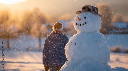 Snowman at Sunset with Child in Snowy Winter Landscape