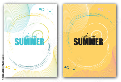 Two colorful welcome-summer posters with abstract designs and white backgrounds