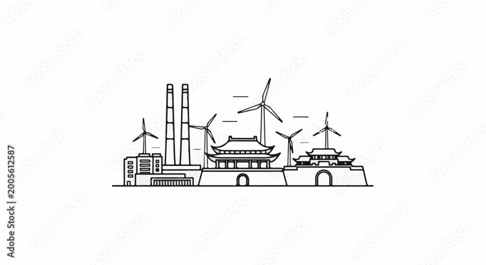 Naklejka premium Stylized line art of a cityscape featuring industrial and traditional structures with wind turbines