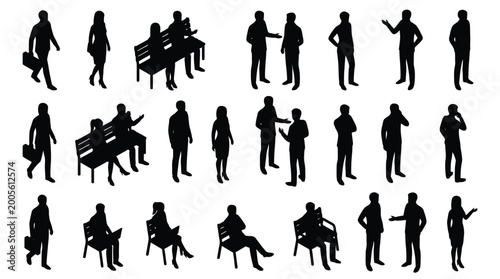 Isolated silhouettes with large group of people stock illustration,Businessmen and office workers silhouette isometric view 