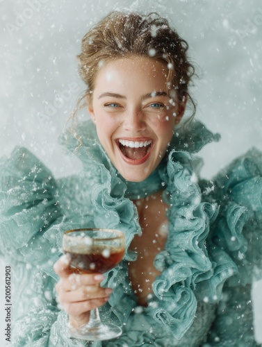 Cheerful Woman in Elegant Ruffled Dress Holding Cocktail During Snowfall